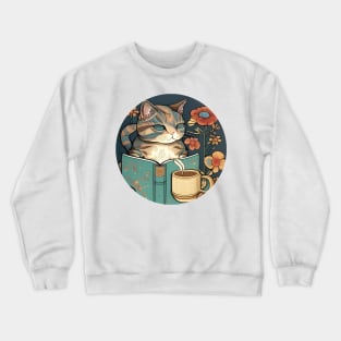 Coffee Cat Cute Kitten Reading Book - Funny Cat Coffee Crewneck Sweatshirt
